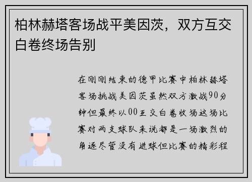 柏林赫塔客场战平美因茨，双方互交白卷终场告别