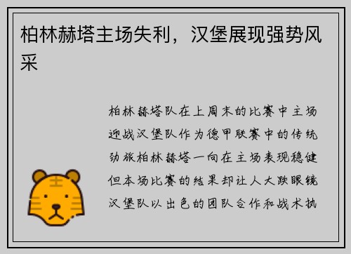柏林赫塔主场失利,汉堡展现强势风采