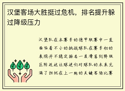 汉堡客场大胜挺过危机,排名提升躲过降级压力