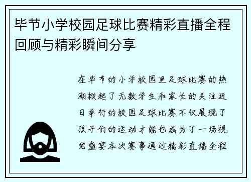 毕节小学校园足球比赛精彩直播全程回顾与精彩瞬间分享